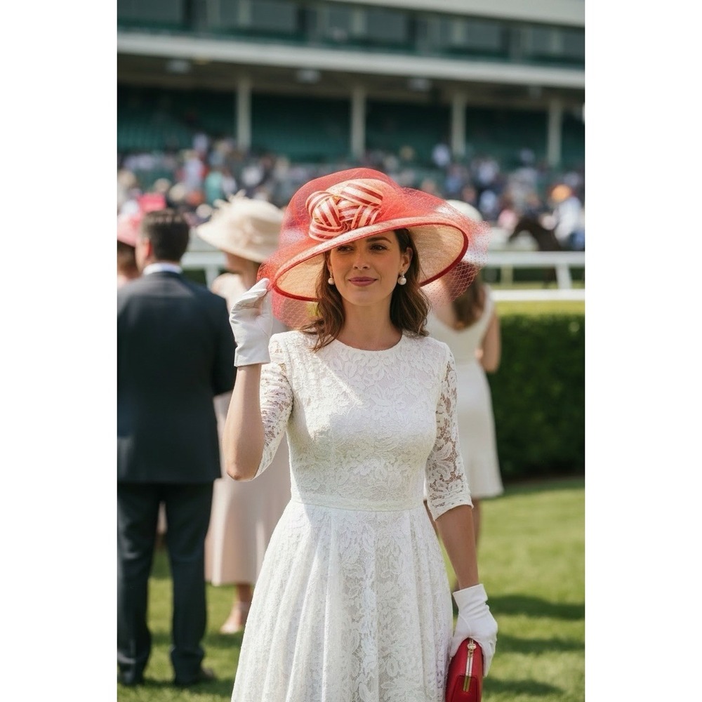 Something Special Sinamay Mesh Derby Church Hat Red Ribbon Vail Detail